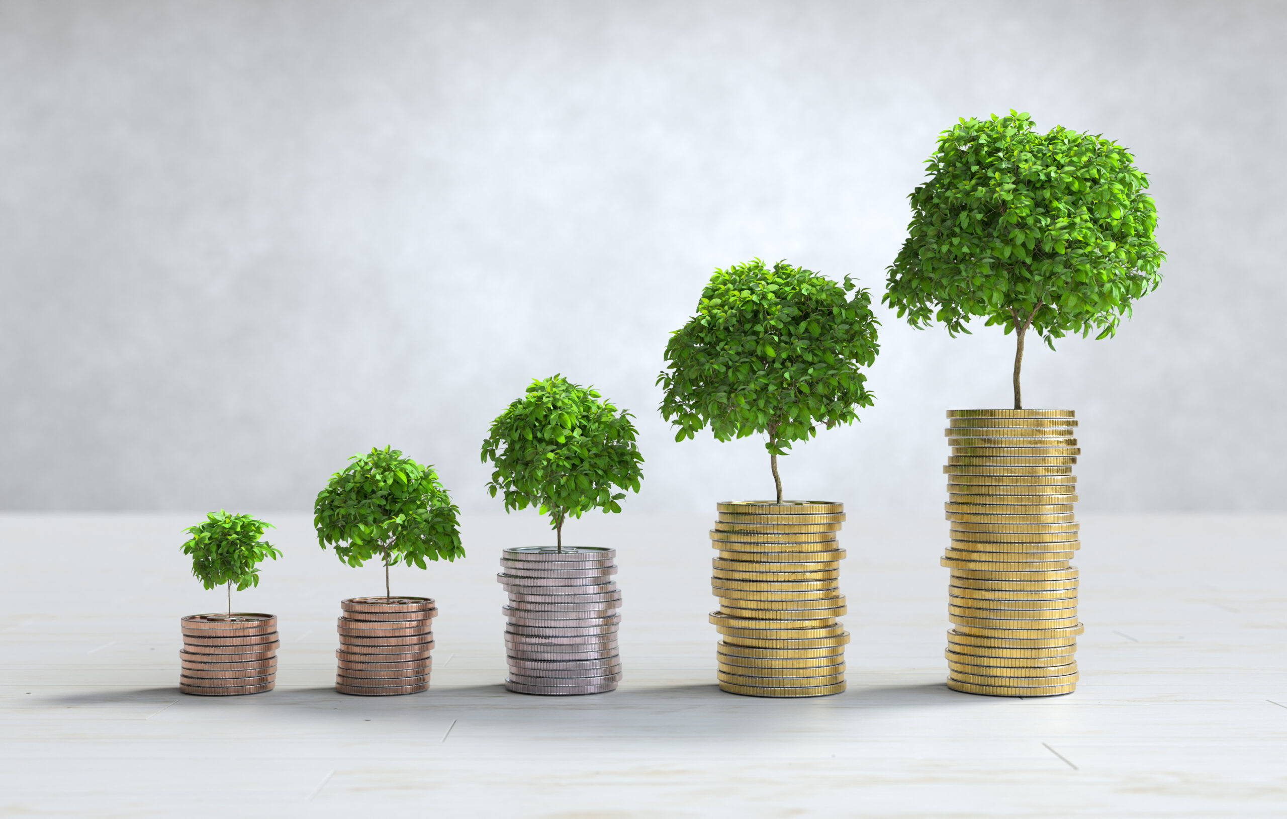 vermögensaufbau Stacks of coins arranged in a bar graph, Saving money concept. 3D illustration